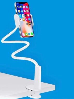 White Flexible Cell Phone Stand w Adjustable Gooseneck & Clamp Base